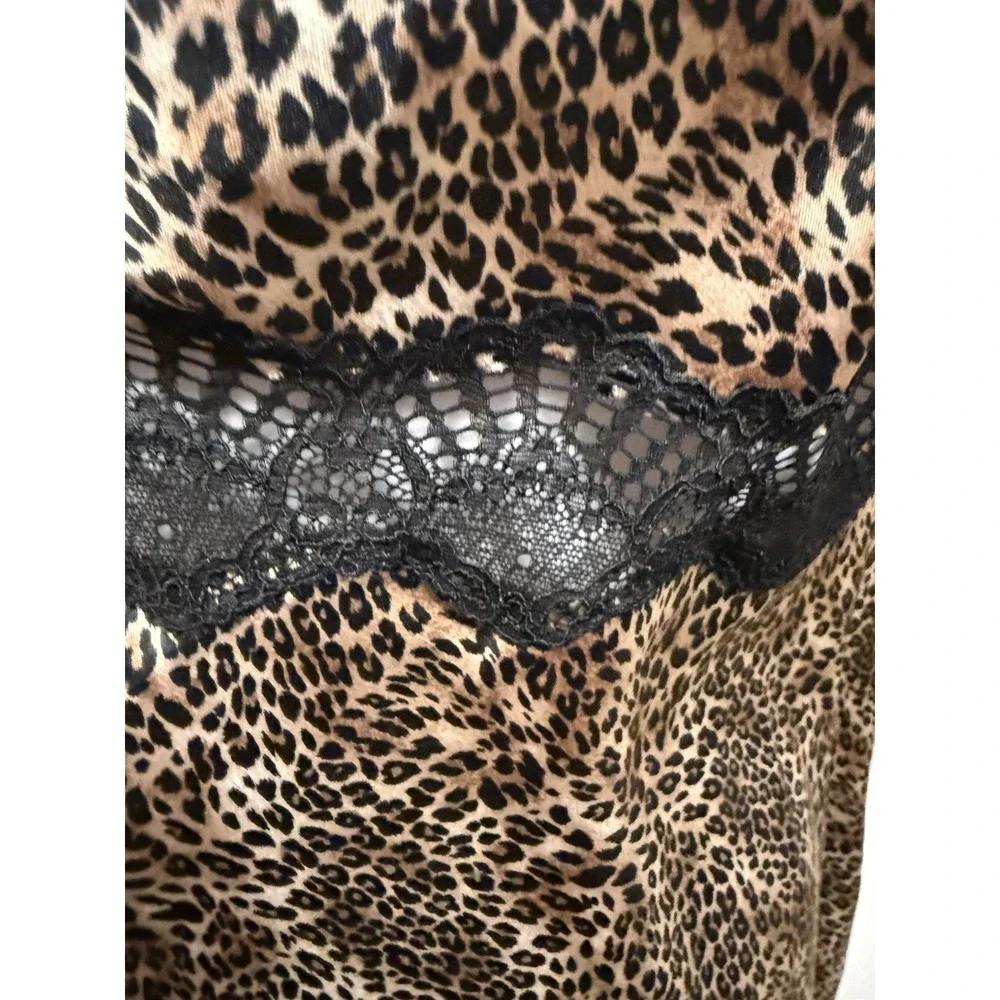 Victoria Secret Leopard Print Set Slip‎ Dress & Wrap Around Lace Satin Robe M/L